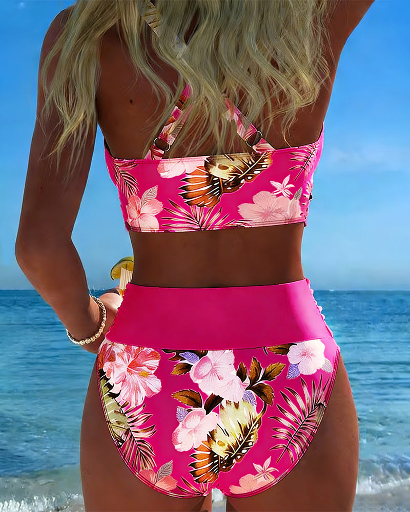 Bikini mit Kontrast-Blumenmuster und Schlitz