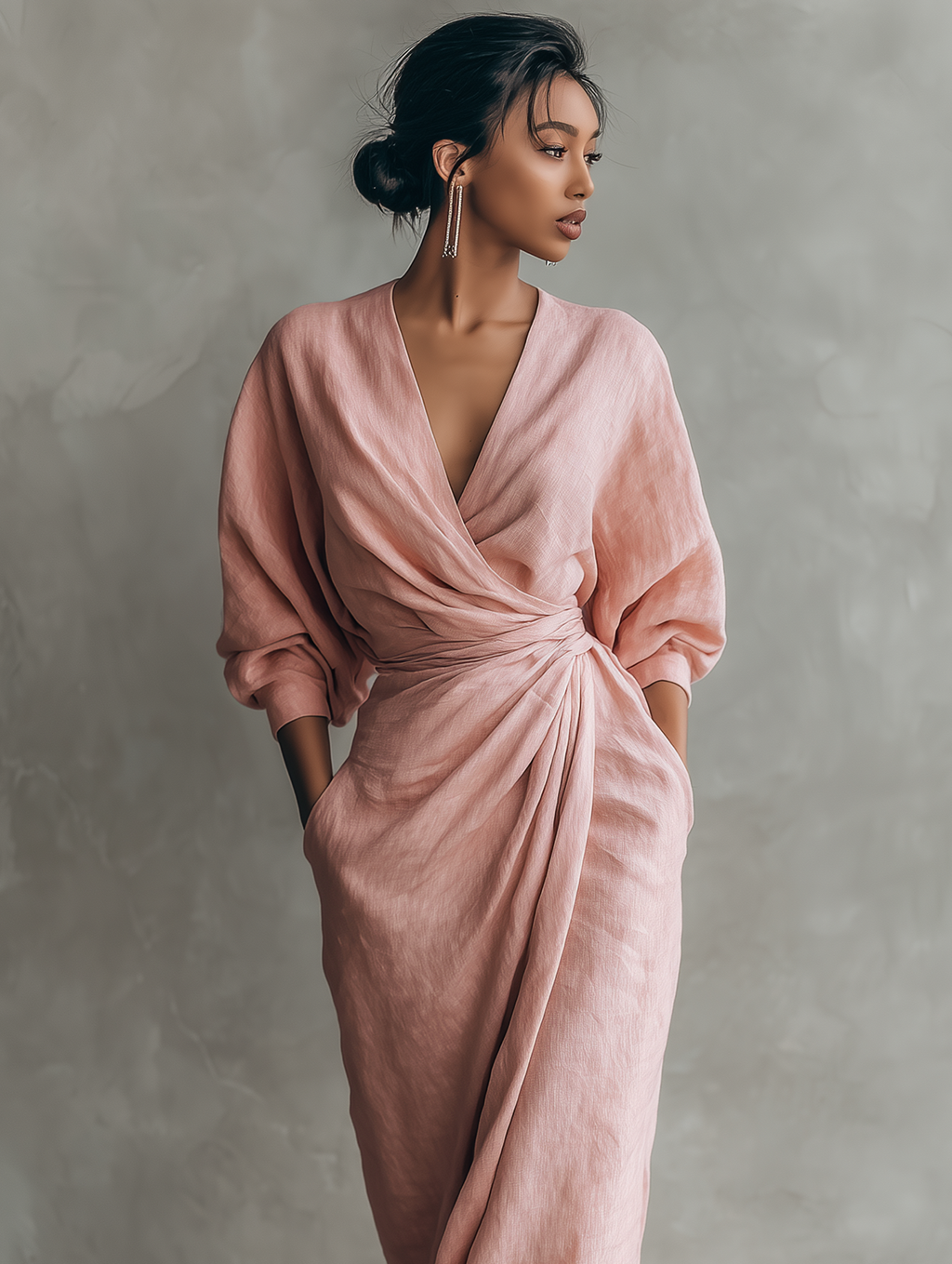 Rosa Leinen-Maxikleid mit V-Ausschnitt