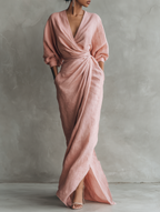 Rosa Leinen-Maxikleid mit V-Ausschnitt