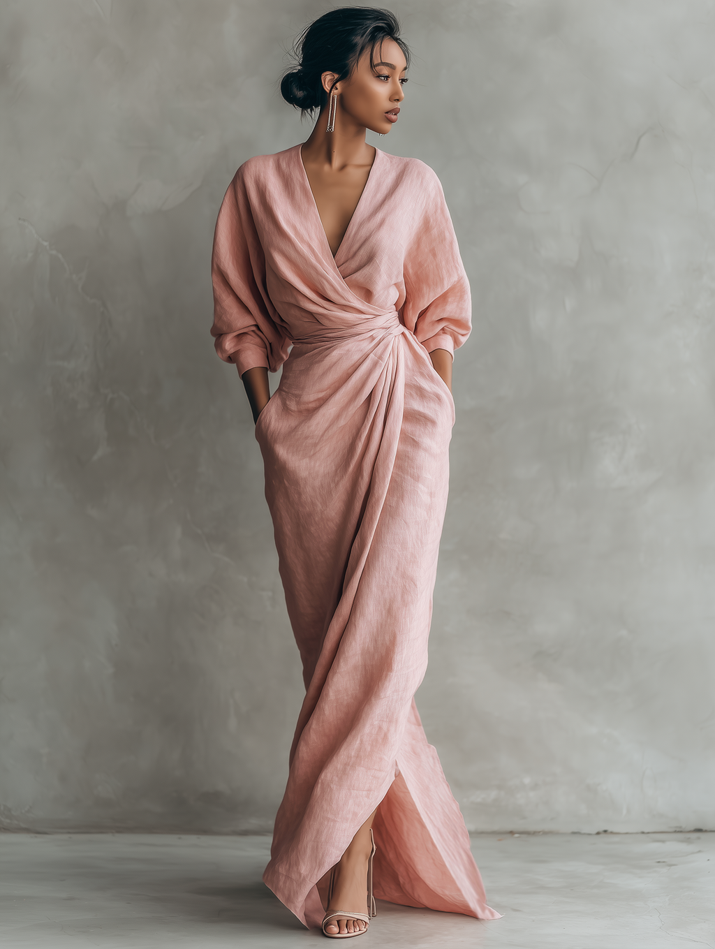 Rosa Leinen-Maxikleid mit V-Ausschnitt