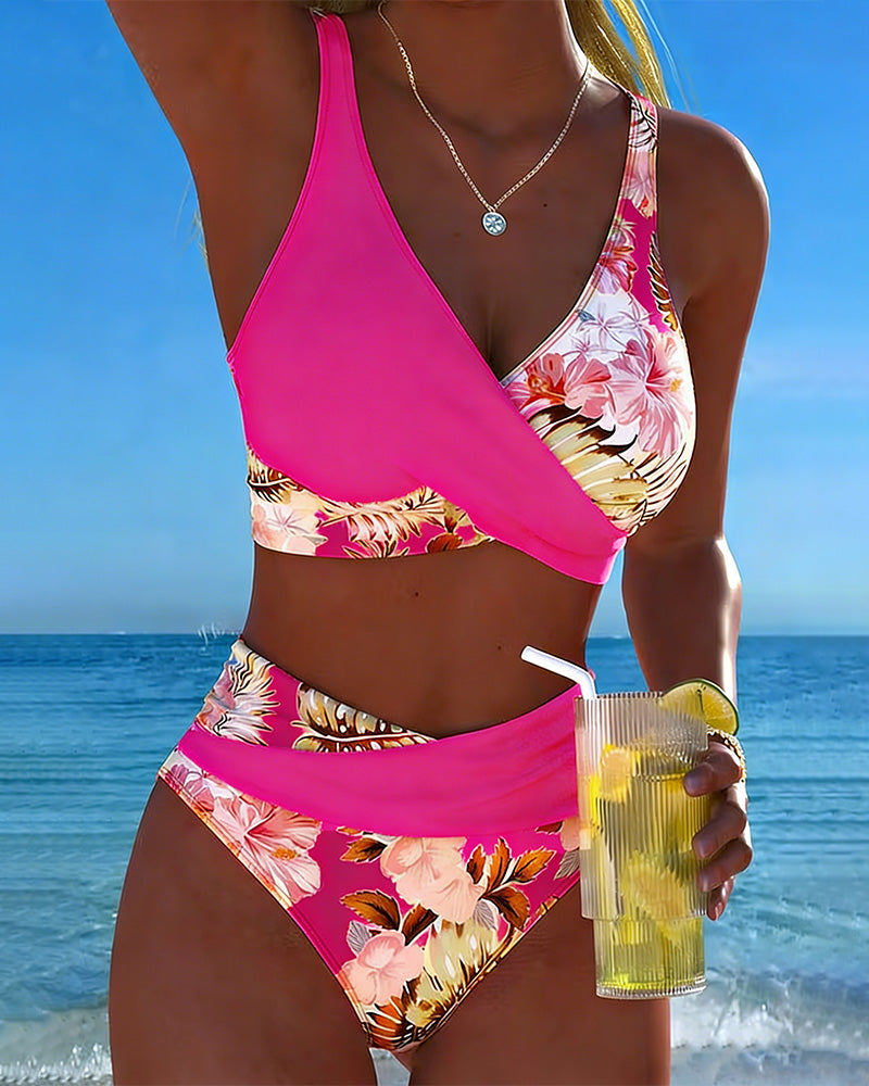 Bikini mit Kontrast-Blumenmuster und Schlitz