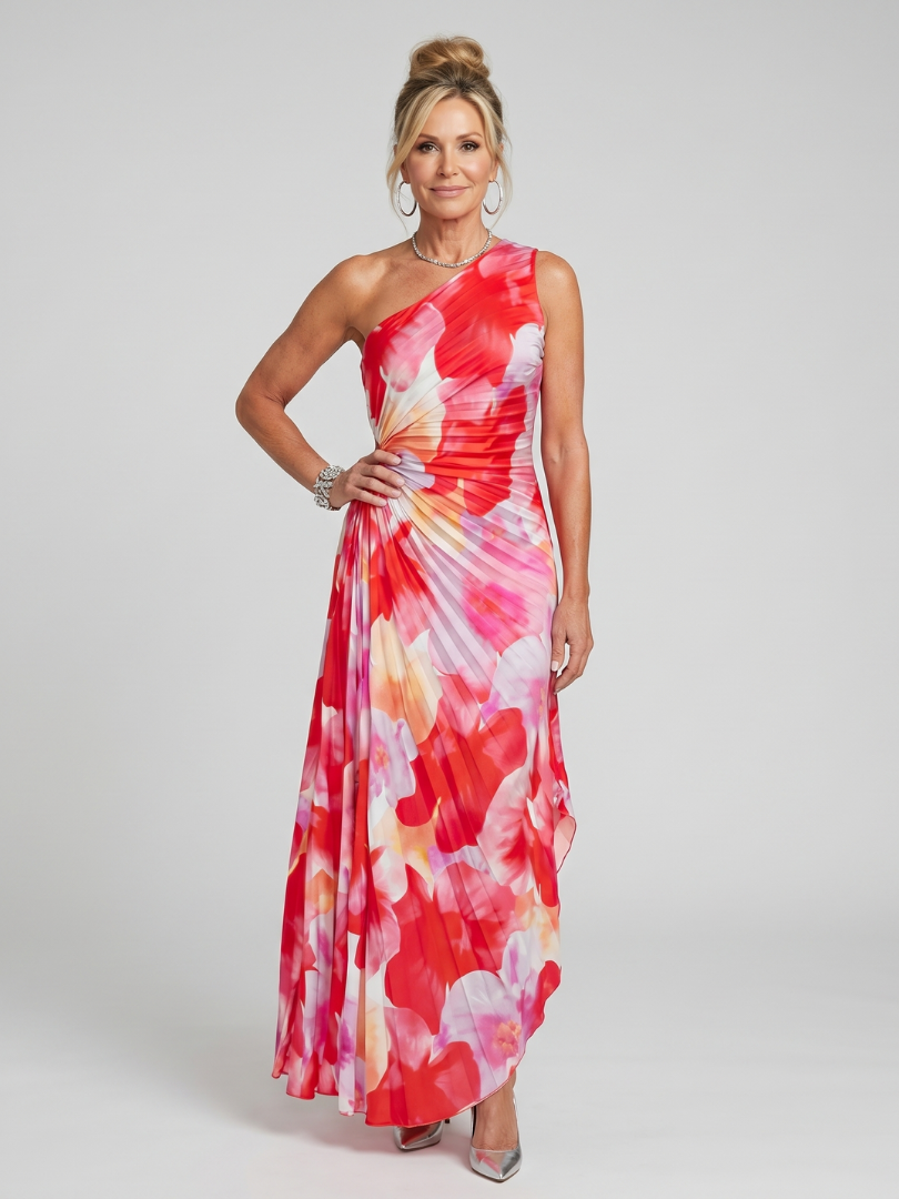 Taya | Ein Schulter Midi Kleid mit Faltenrock