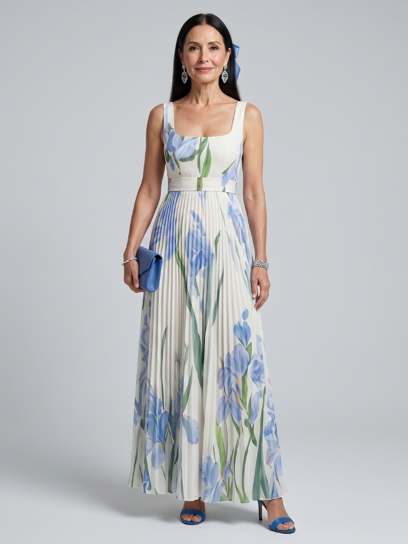 Ophelia | Ärmelloses Midi-Kleid mit Quadrat-Ausschnitt und floralem Design