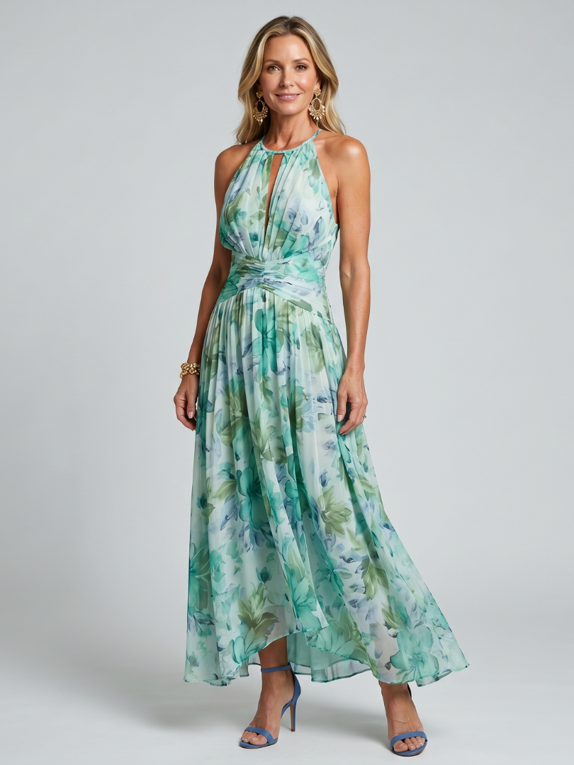 Portia | Midi-Halterkleid mit zartem Blumenmuster und Faltendes Design