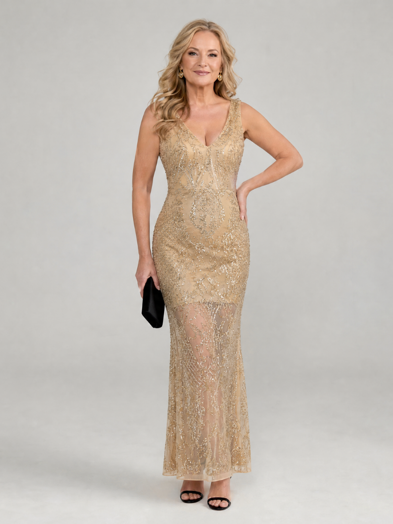 Sirea | Transparentes Midi-Kleid mit Pailletten und ärmellosem Design