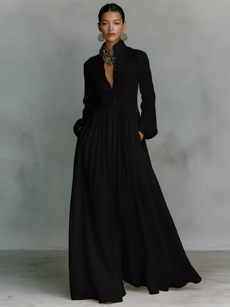 Patchwork Leinen Maxi-Kleid Stehkragen