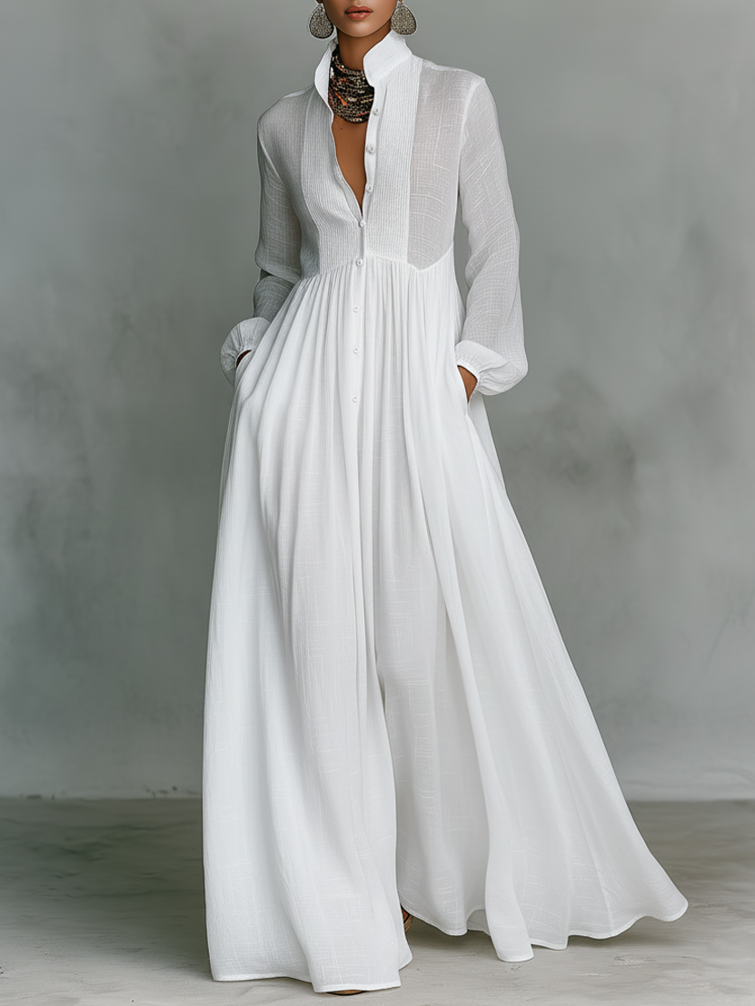 Patchwork Leinen Maxi-Kleid Stehkragen