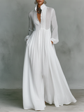 Patchwork Leinen Maxi-Kleid Stehkragen