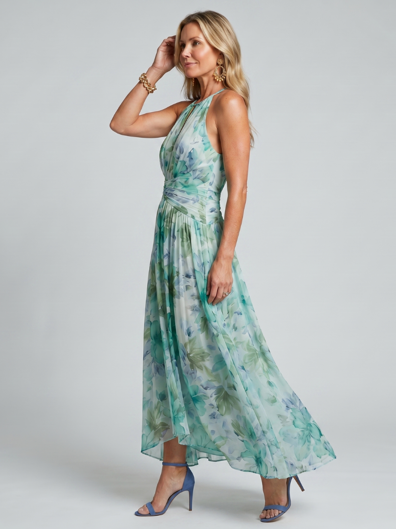 Portia | Midi-Halterkleid mit zartem Blumenmuster und Faltendes Design