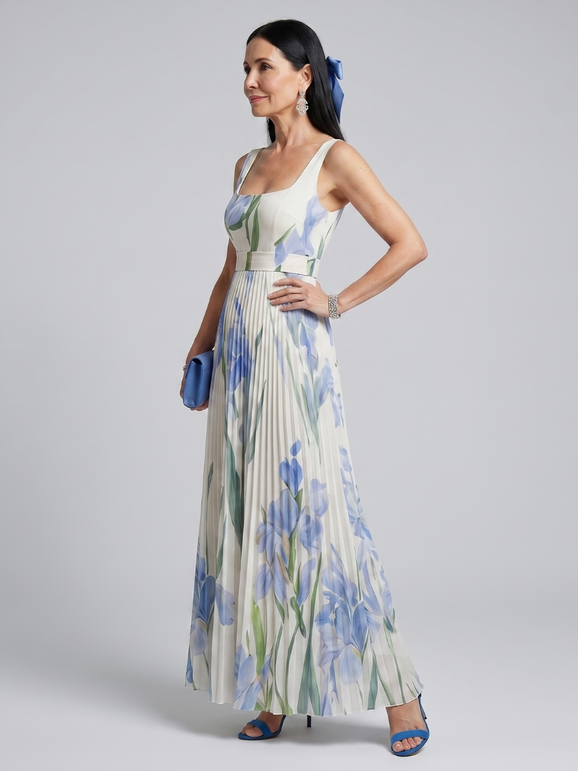 Ophelia | Ärmelloses Midi-Kleid mit Quadrat-Ausschnitt und floralem Design