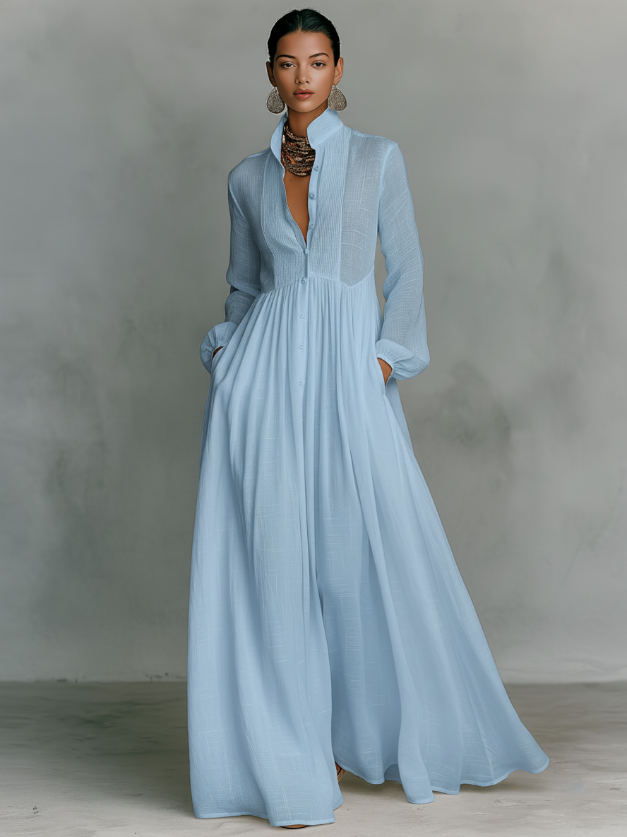 Patchwork Leinen Maxi-Kleid Stehkragen
