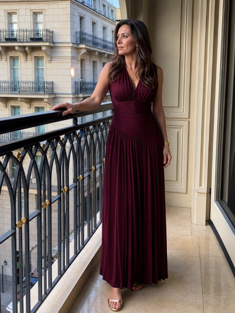 Lemar | Ärmelloses Midi-Kleid mit Plissee und V-Ausschnitt