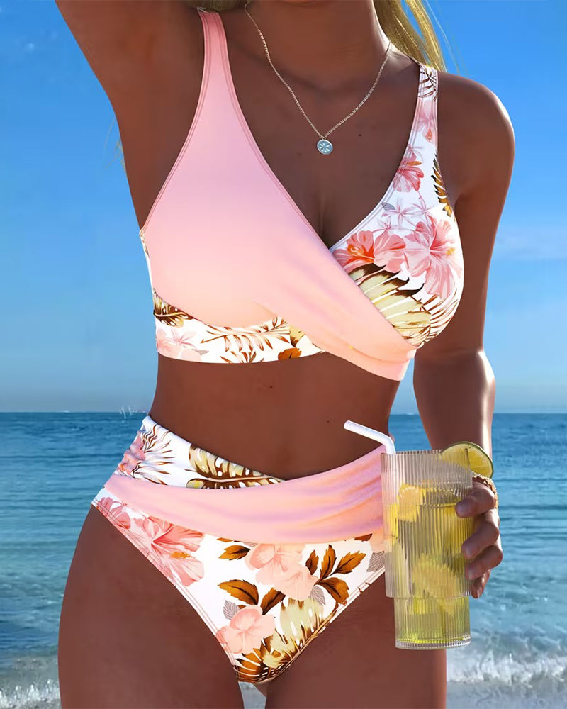 Bikini mit Kontrast-Blumenmuster und Schlitz