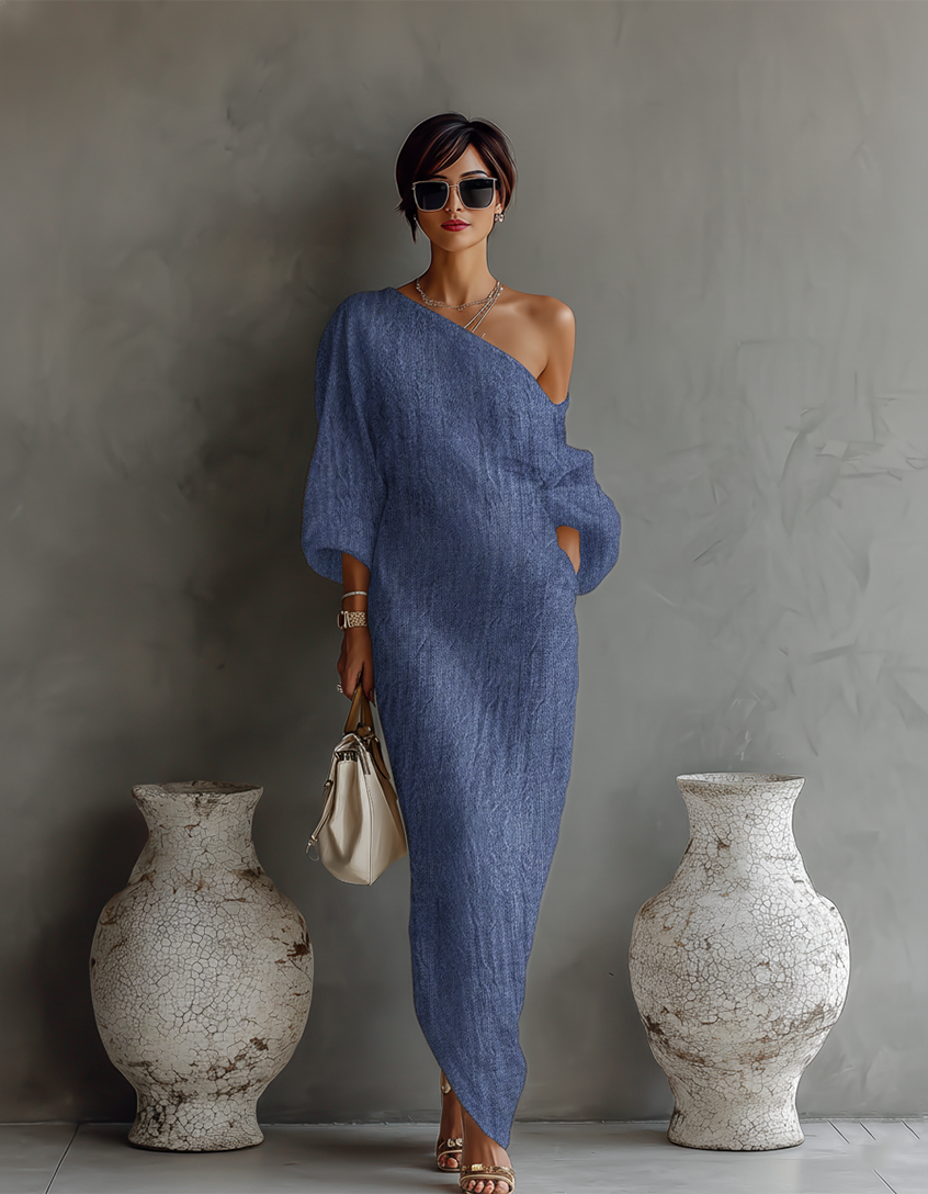 Off-Shoulder-Leinenkleid in Elfenbein