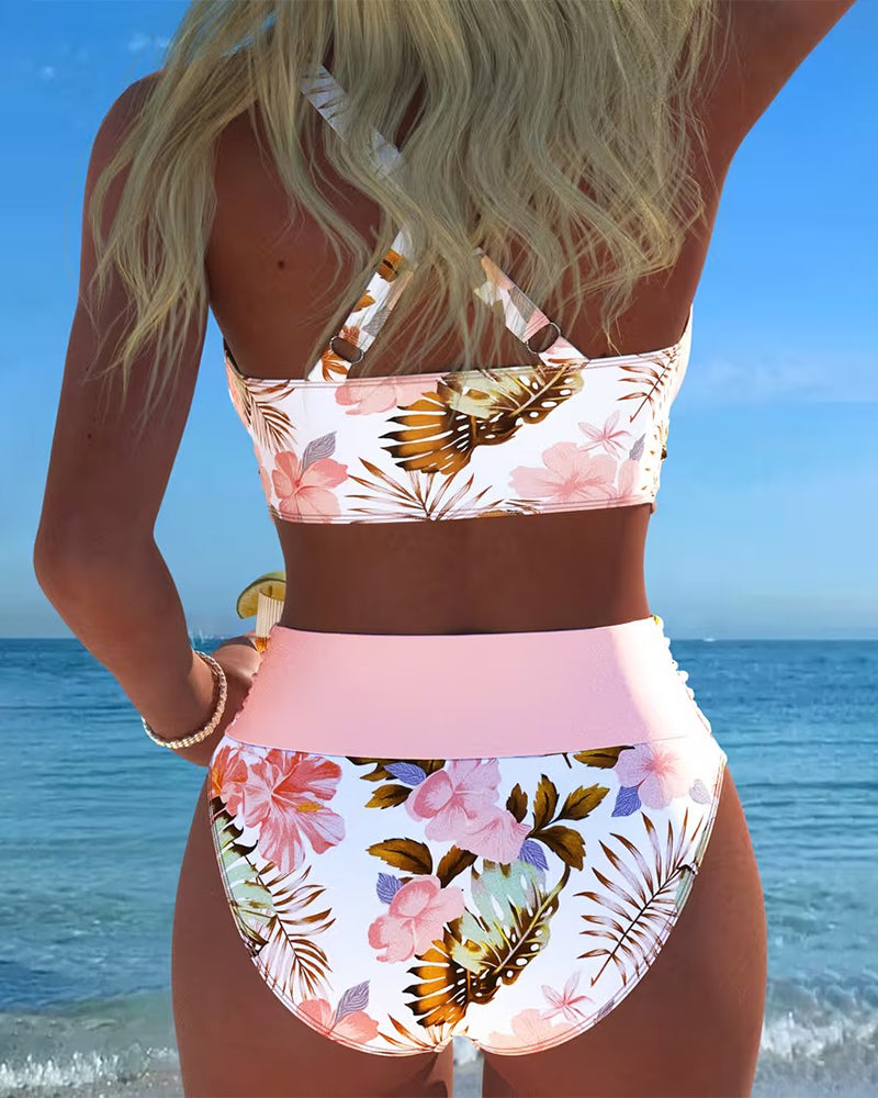 Bikini mit Kontrast-Blumenmuster und Schlitz