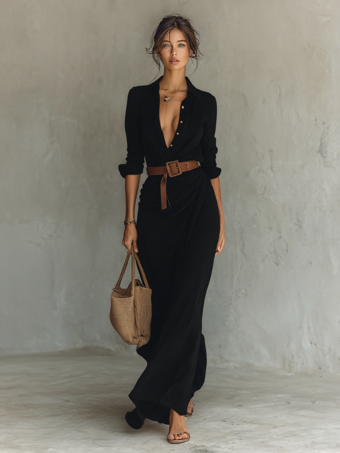 Maxikleid mit Reverskragen und langen Ärmeln