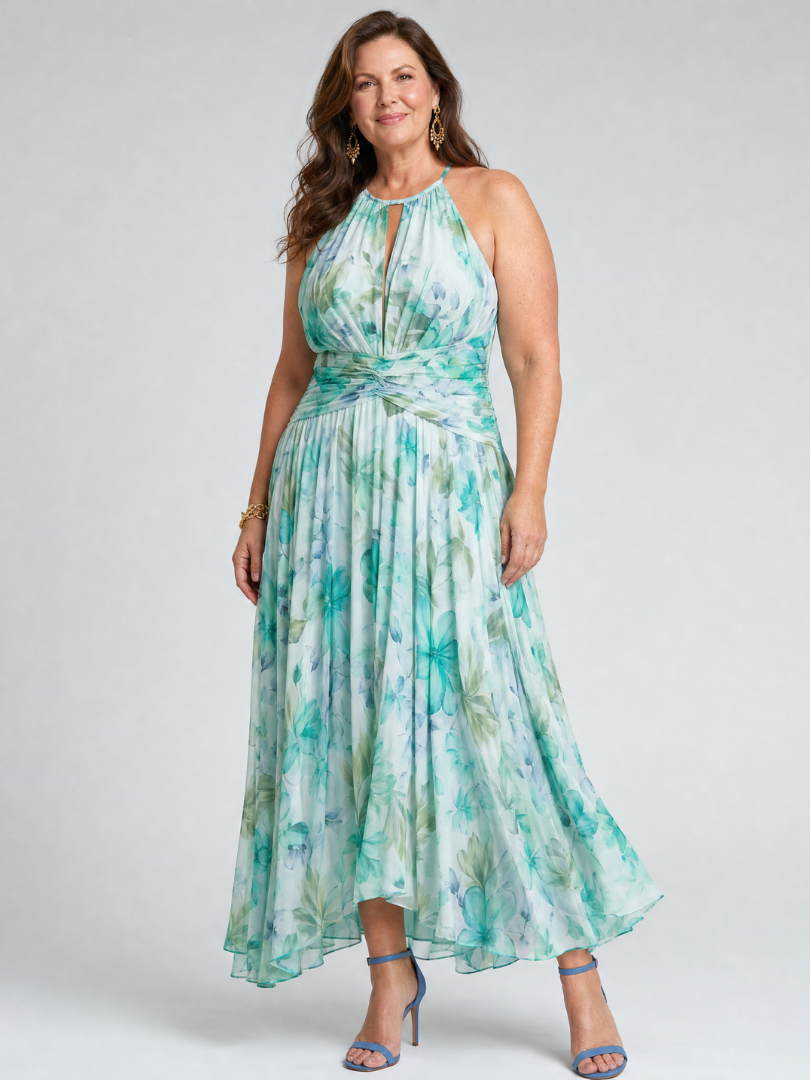 Portia | Midi-Halterkleid mit zartem Blumenmuster und Faltendes Design