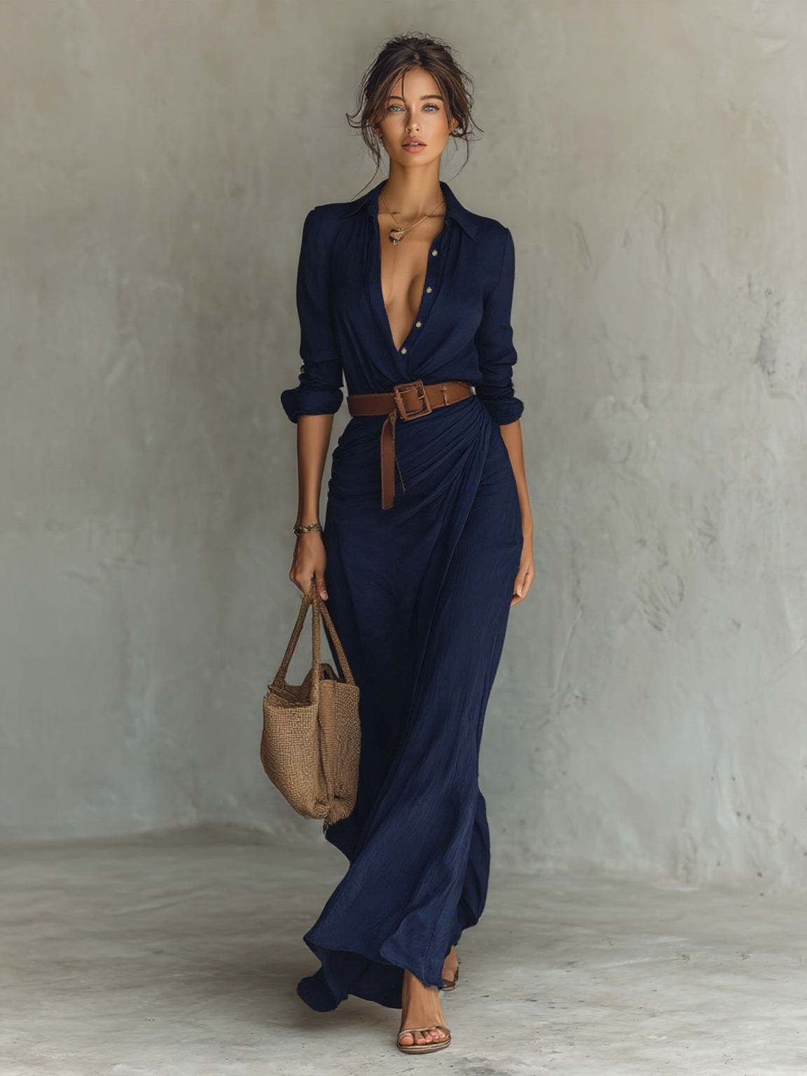 Maxikleid mit Reverskragen und langen Ärmeln