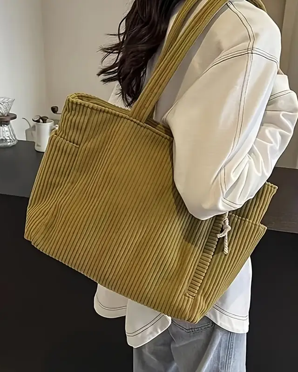 Tilda - Ribbed Tote Bag with Drawstring Detail