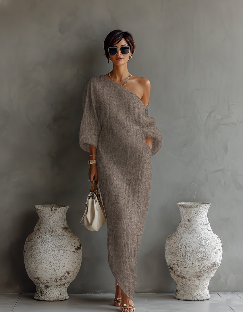 Off-Shoulder-Leinenkleid in Elfenbein