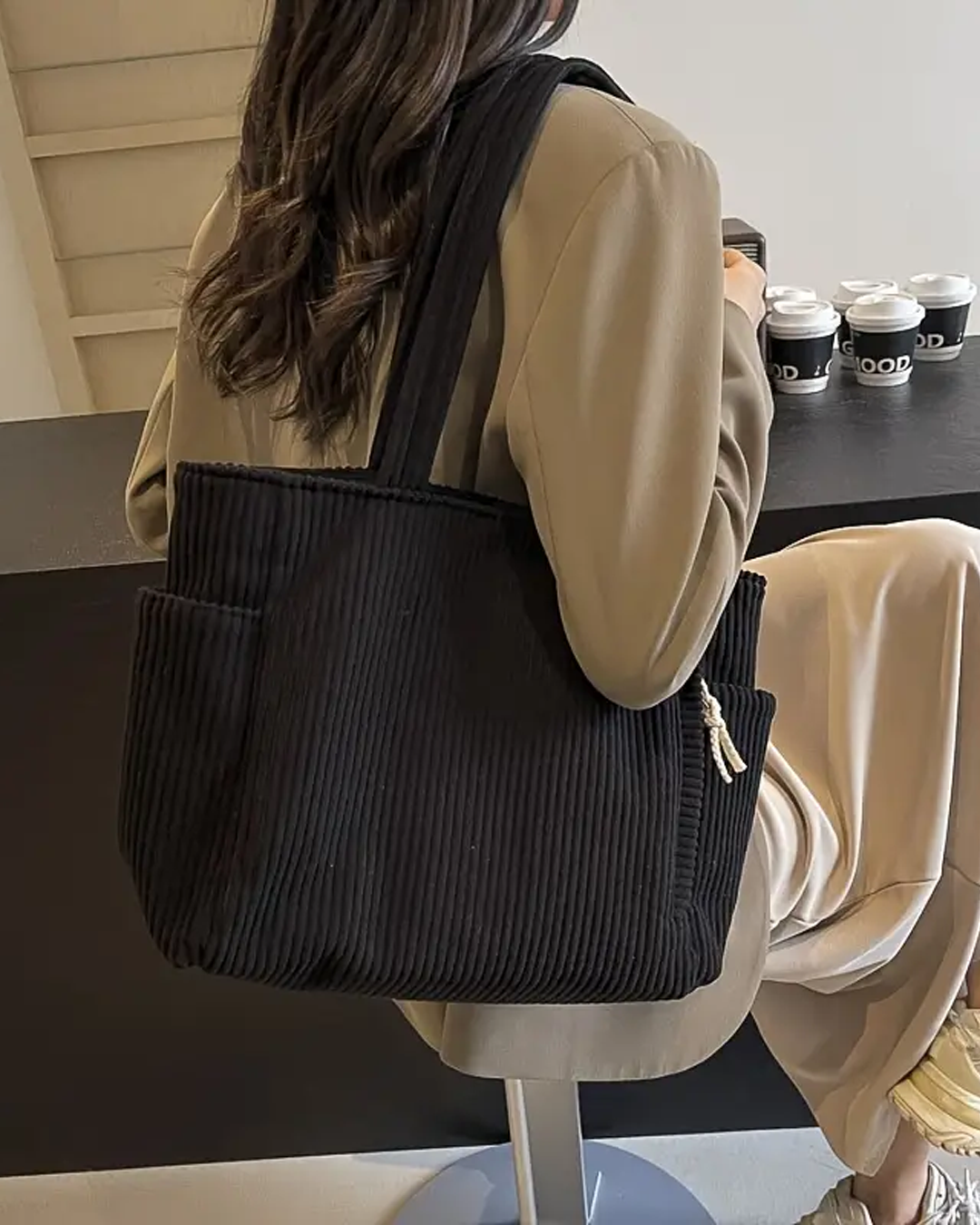 Tilda - Ribbed Tote Bag with Drawstring Detail