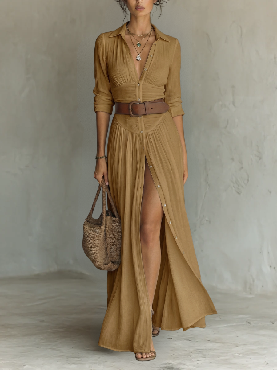 Leinen-Maxikleid mit Reverskragen und langen Ärmeln