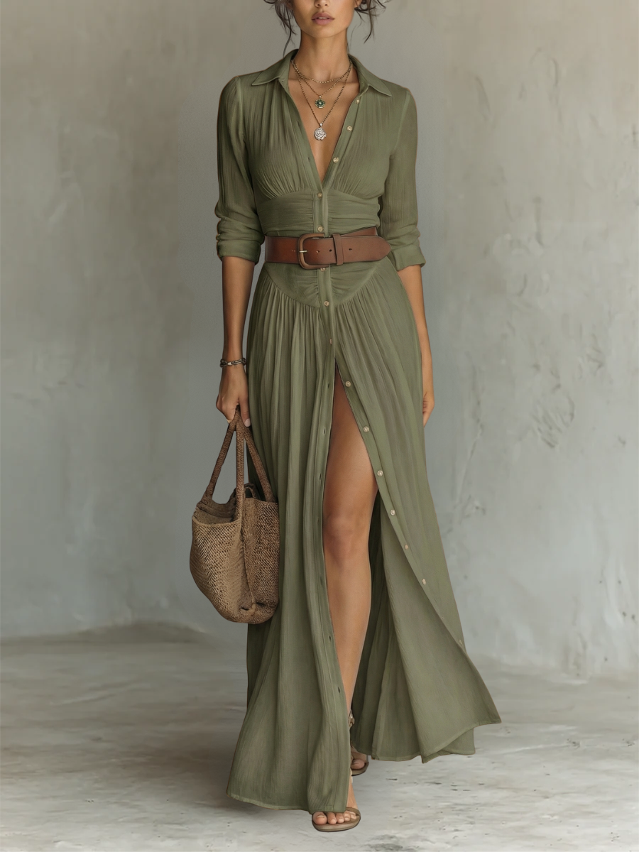 Leinen-Maxikleid mit Reverskragen und langen Ärmeln