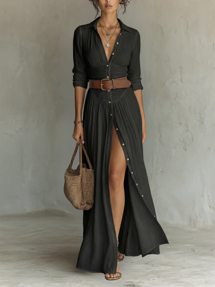 Leinen-Maxikleid mit Reverskragen und langen Ärmeln