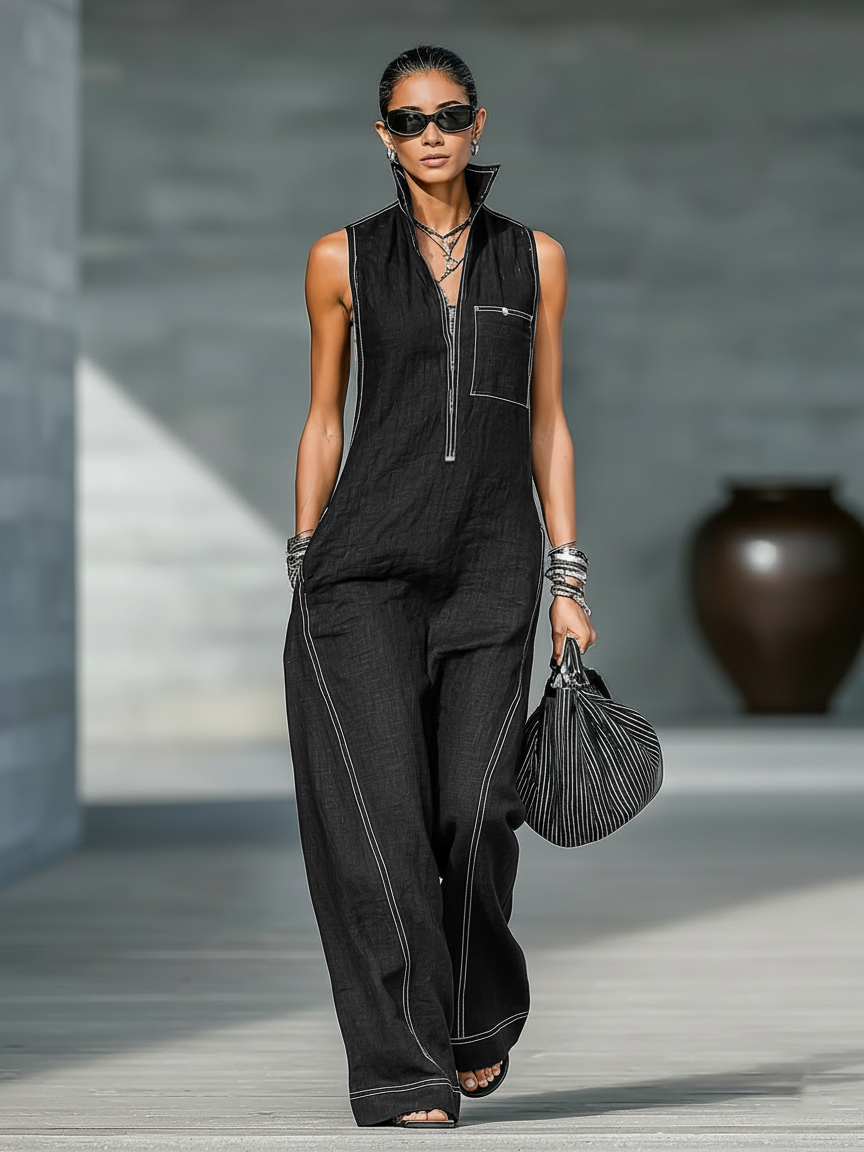 Sleeveless Dungarees White Trim