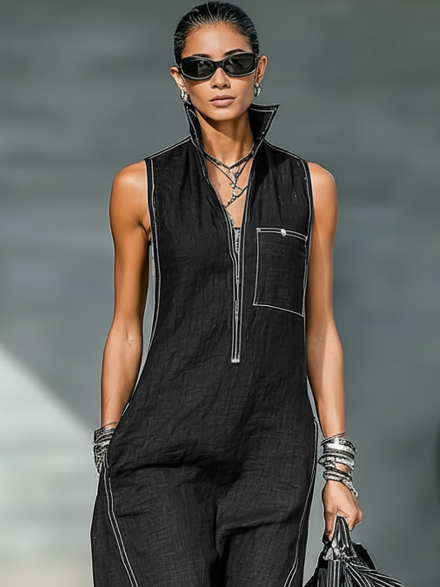 Sleeveless Dungarees White Trim