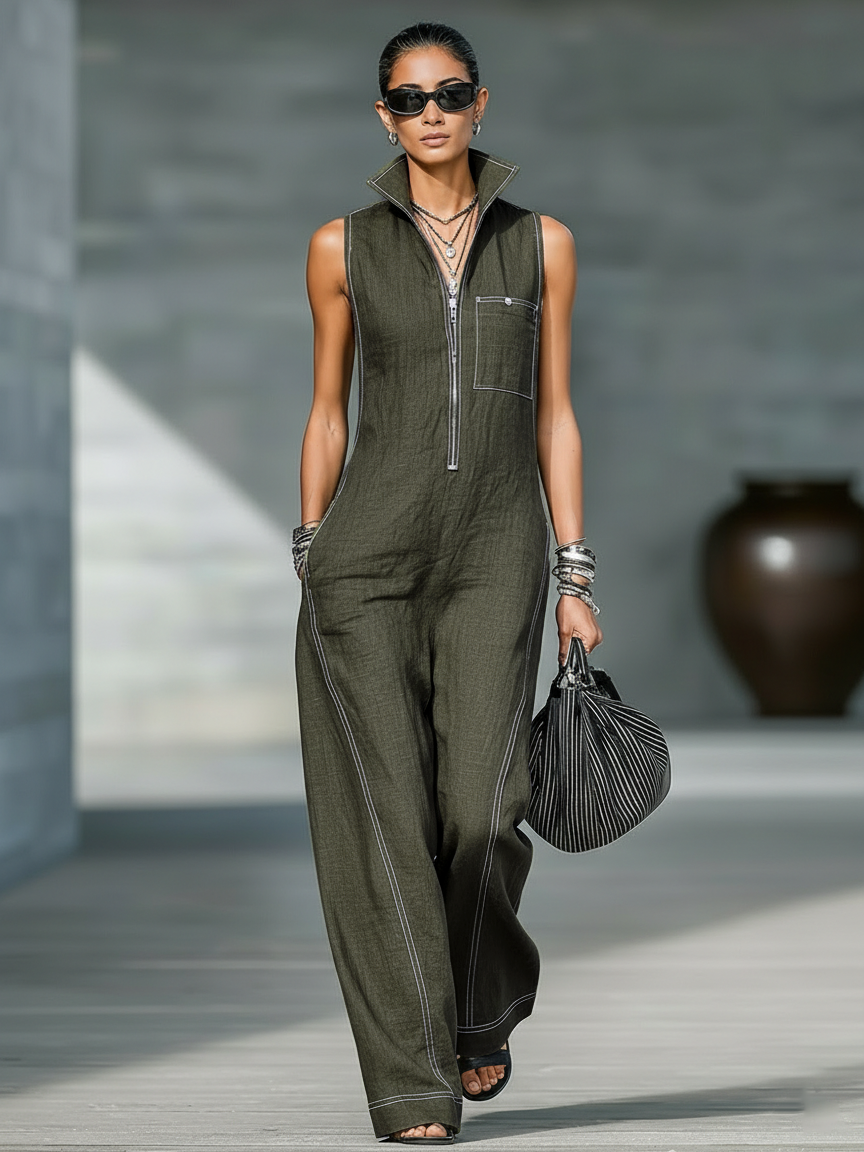Sleeveless Dungarees White Trim