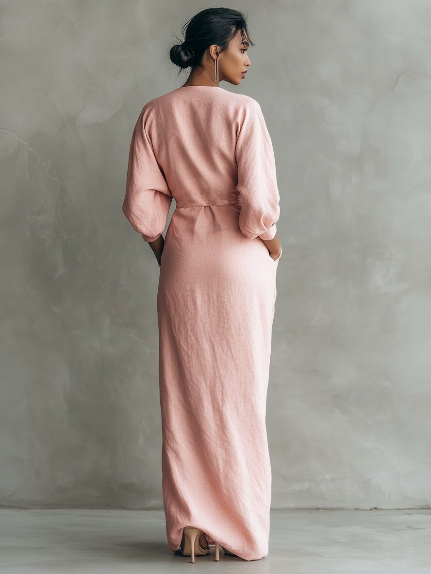 Rosa Leinen-Maxikleid mit V-Ausschnitt