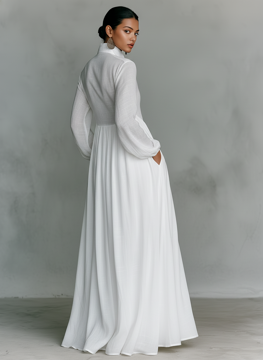 Patchwork Leinen Maxi-Kleid Stehkragen