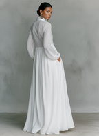 Patchwork Leinen Maxi-Kleid Stehkragen