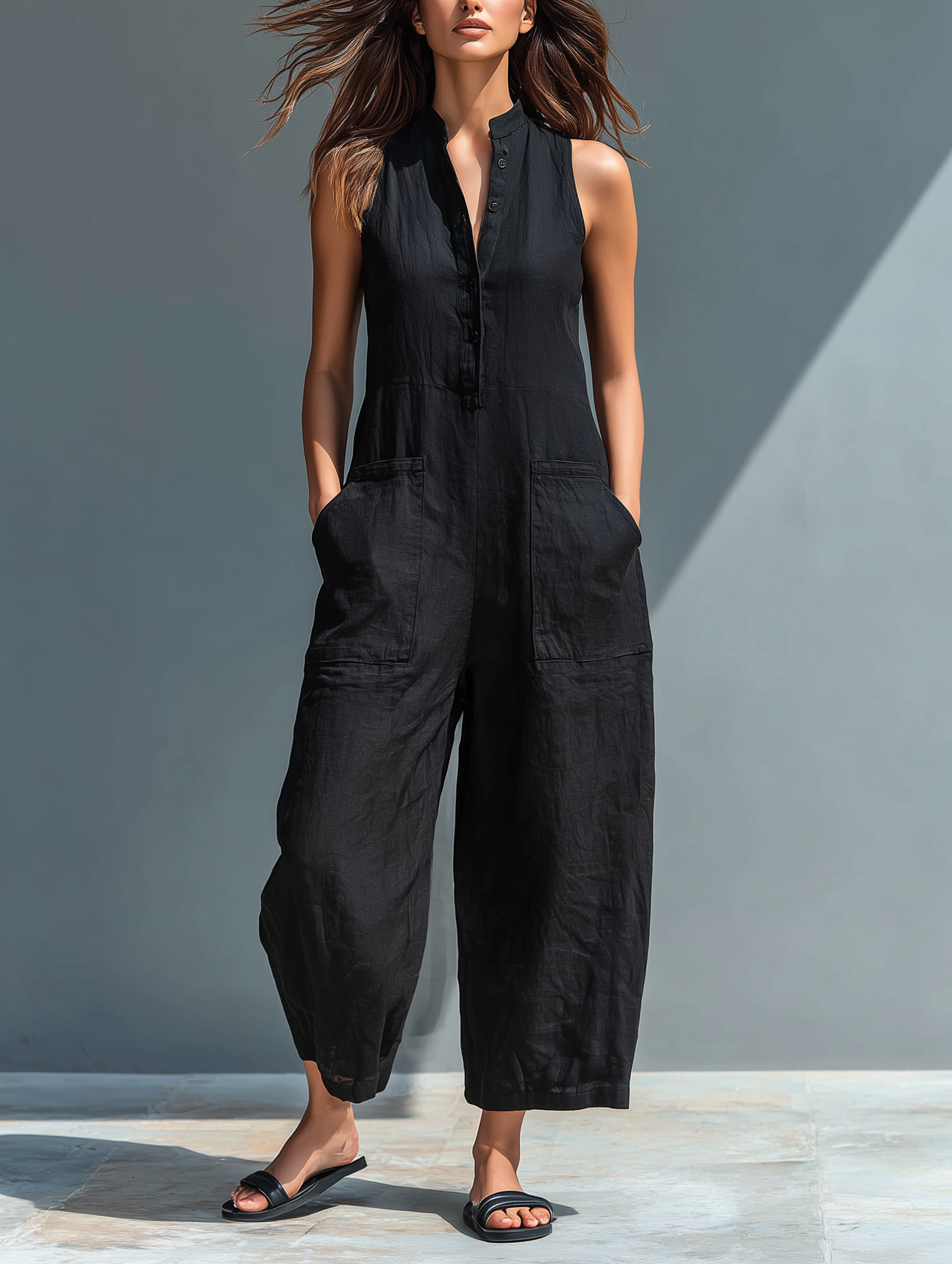 Sleeveless linen overalls