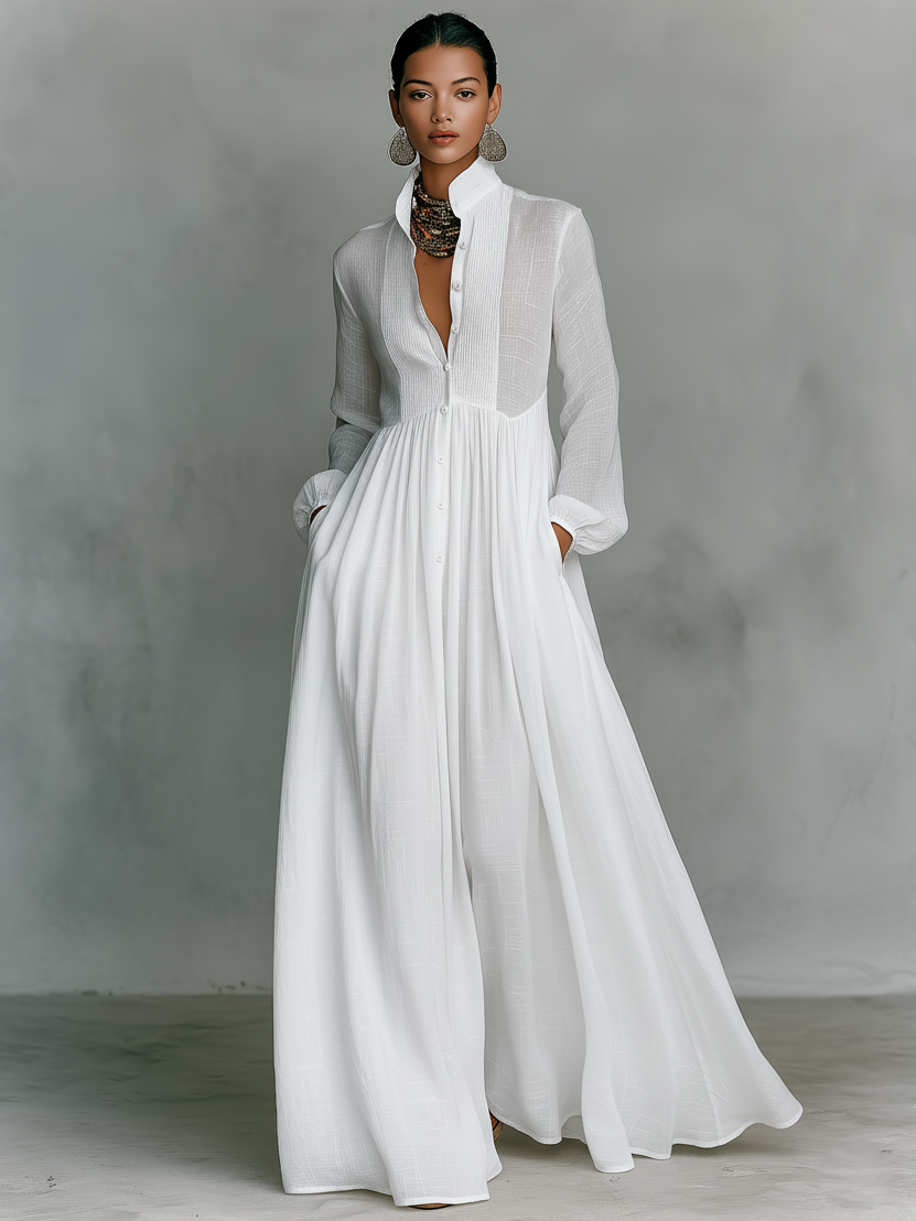 Patchwork Leinen Maxi-Kleid Stehkragen