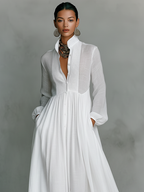 Patchwork Leinen Maxi-Kleid Stehkragen