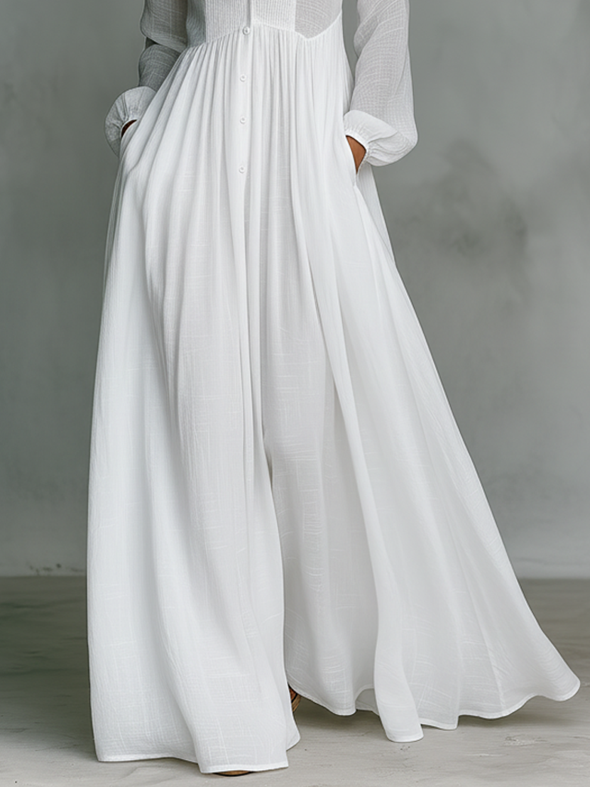 Patchwork Leinen Maxi-Kleid Stehkragen